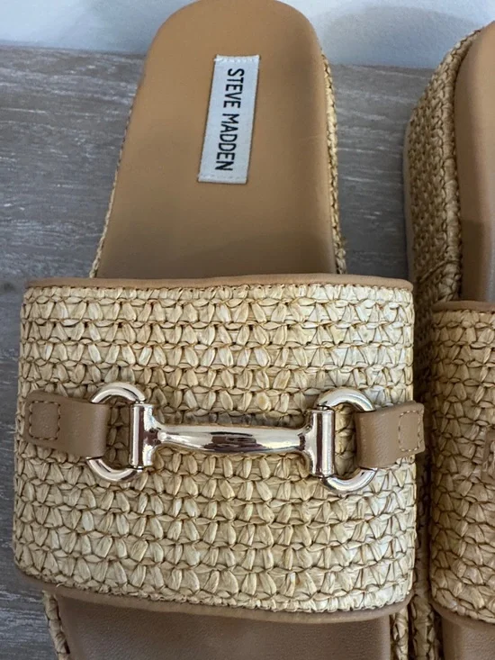 Steve Madden Tan Woven raffia Slide Mules with Gold Accent - Picture 3 of 11